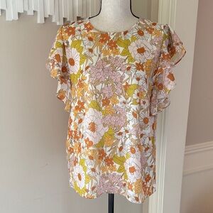 Floral Ruffle Sleeve Top Retro Floral Orange Yellow Size Small